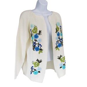 Vtg 60s 70s Sears LG Crewel Embroidered Floral Ivory White Open Front  Cardigan